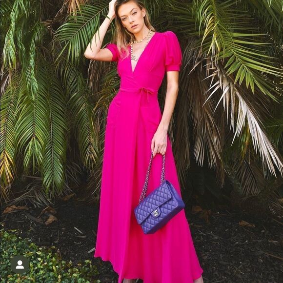 Balenciaga Silk Vintage Hot Pink Maxi Dress with Short Sleeves and Pockets 38 - Picture 2 of 12
